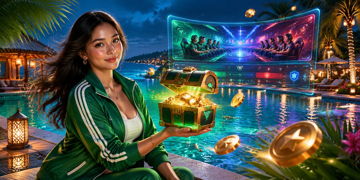 Model profesional yang fokus mengikuti pertandingan esports dengan layar penuh data