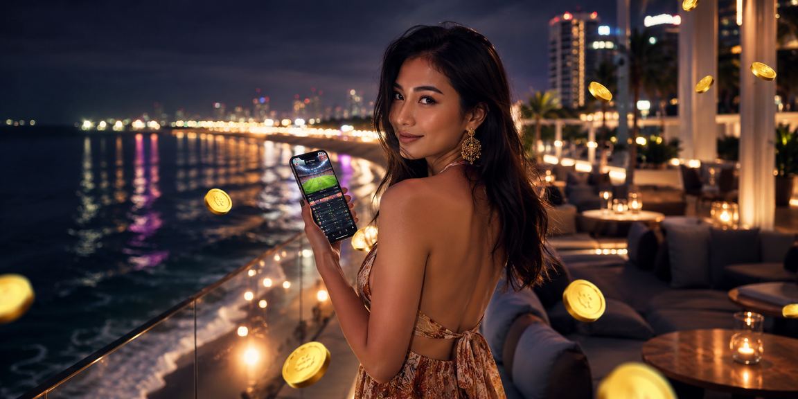 Pemain menikmati taruhan olahraga di tepi pantai Indonesia dengan smartphone